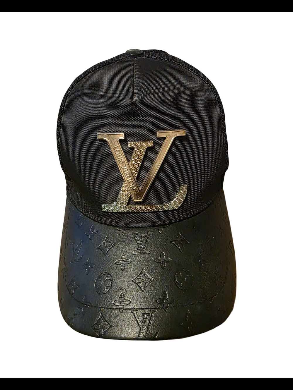 Louis Vuitton Black Cap with Gold LV Logo and Embossed Monogram Visor